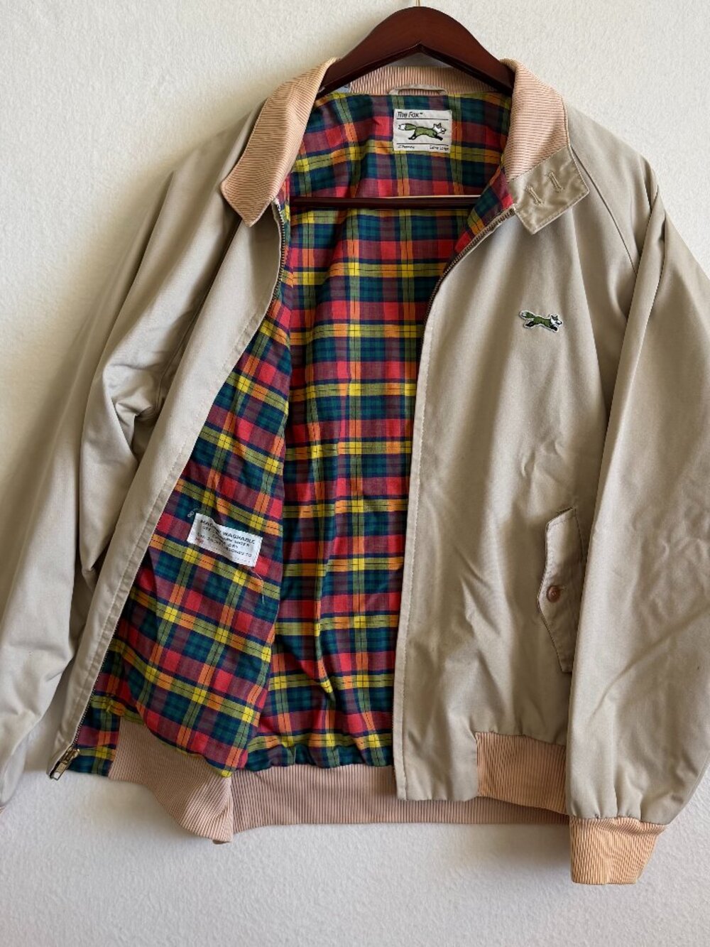 Vintage The Fox Jacket Size XL JC Penny Coat Single Stitch Cream/Plaid 70s YKK
